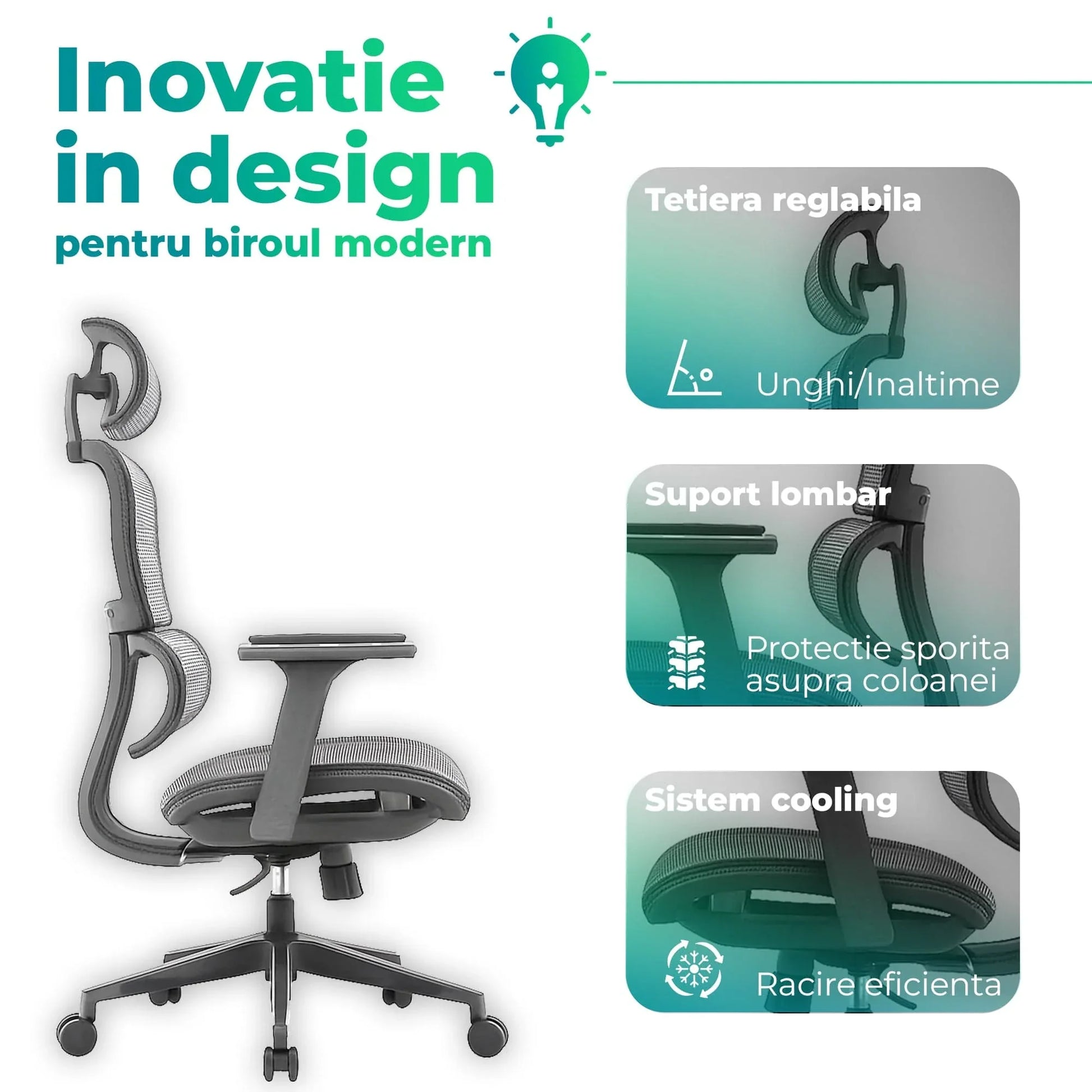 Scaun ergonomic Timebox, Reglare inaltime, spatar in 6 pozitii 150°, Cotiere 4D, Plasa Mesh, Profil lombar flexibil, Suport Picioare, Baza din aluminiu durabil, pana la 150 kg, Gri - 221.ro