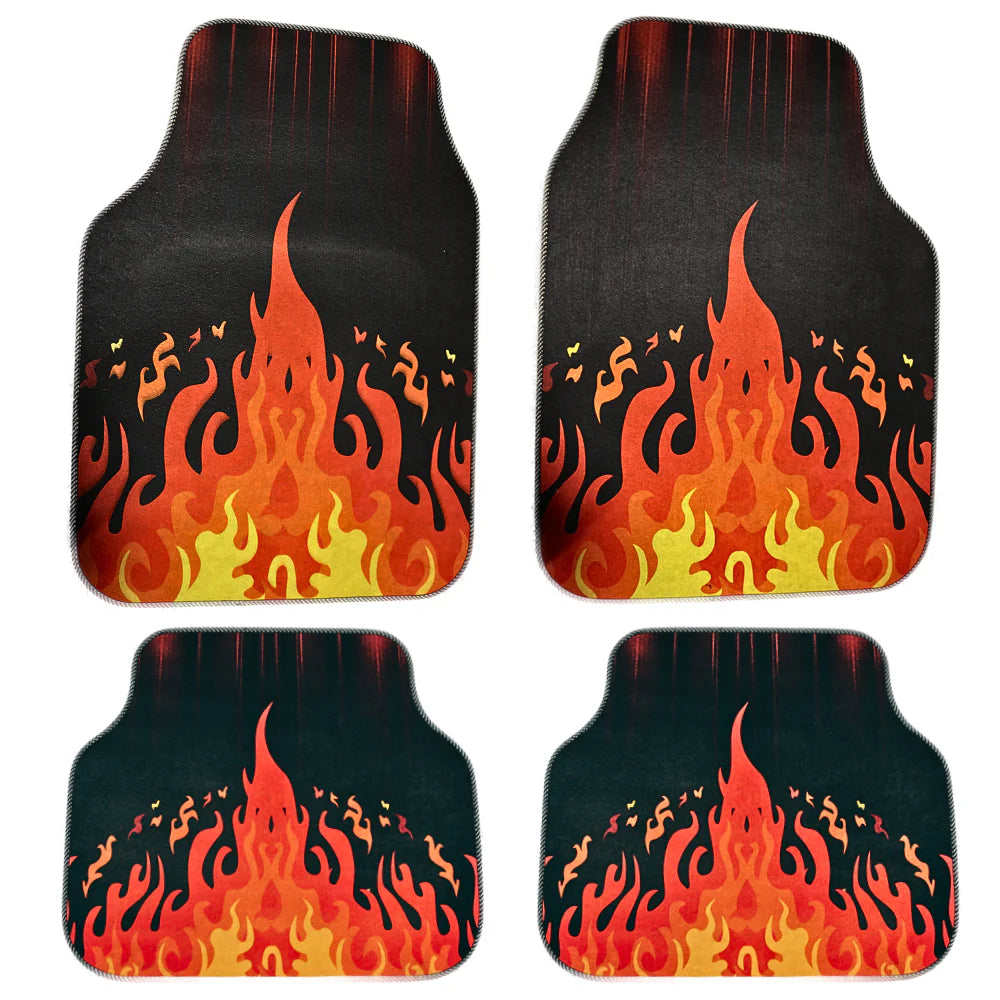 Covorașe auto universale DECOMAT 3D – set 4 bucăți cu imprimeu flăcări, lavabile, antiderapante