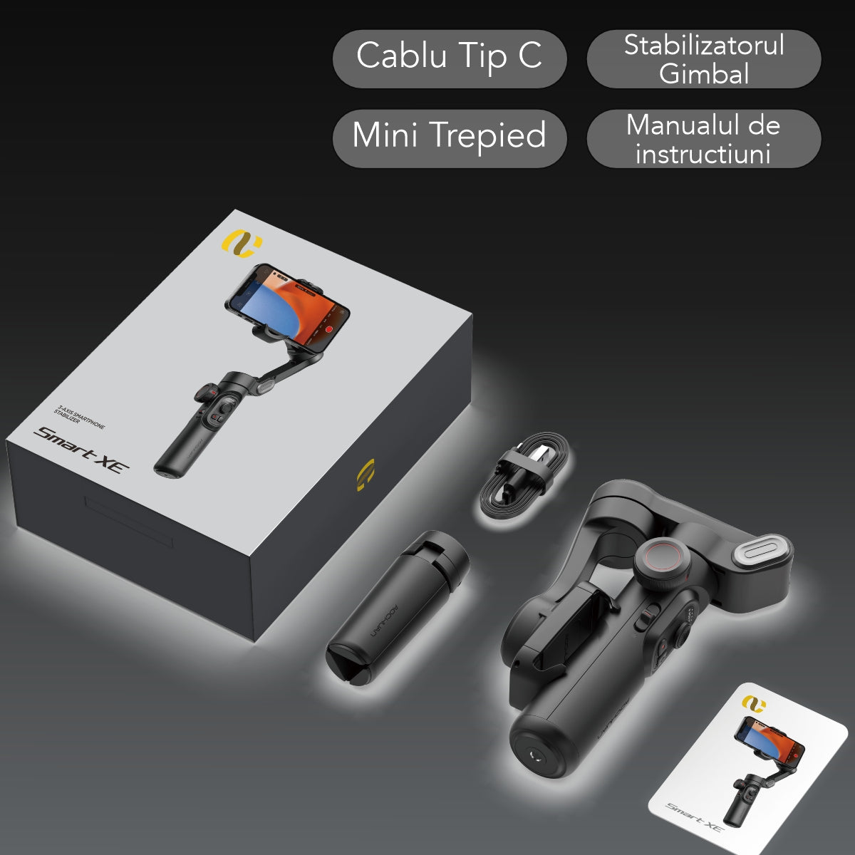 Gimbal Aochuan SMART XE, D6730, cu 3 axe, aplicatie dedicata, Content Creator Edition, Negru Mat