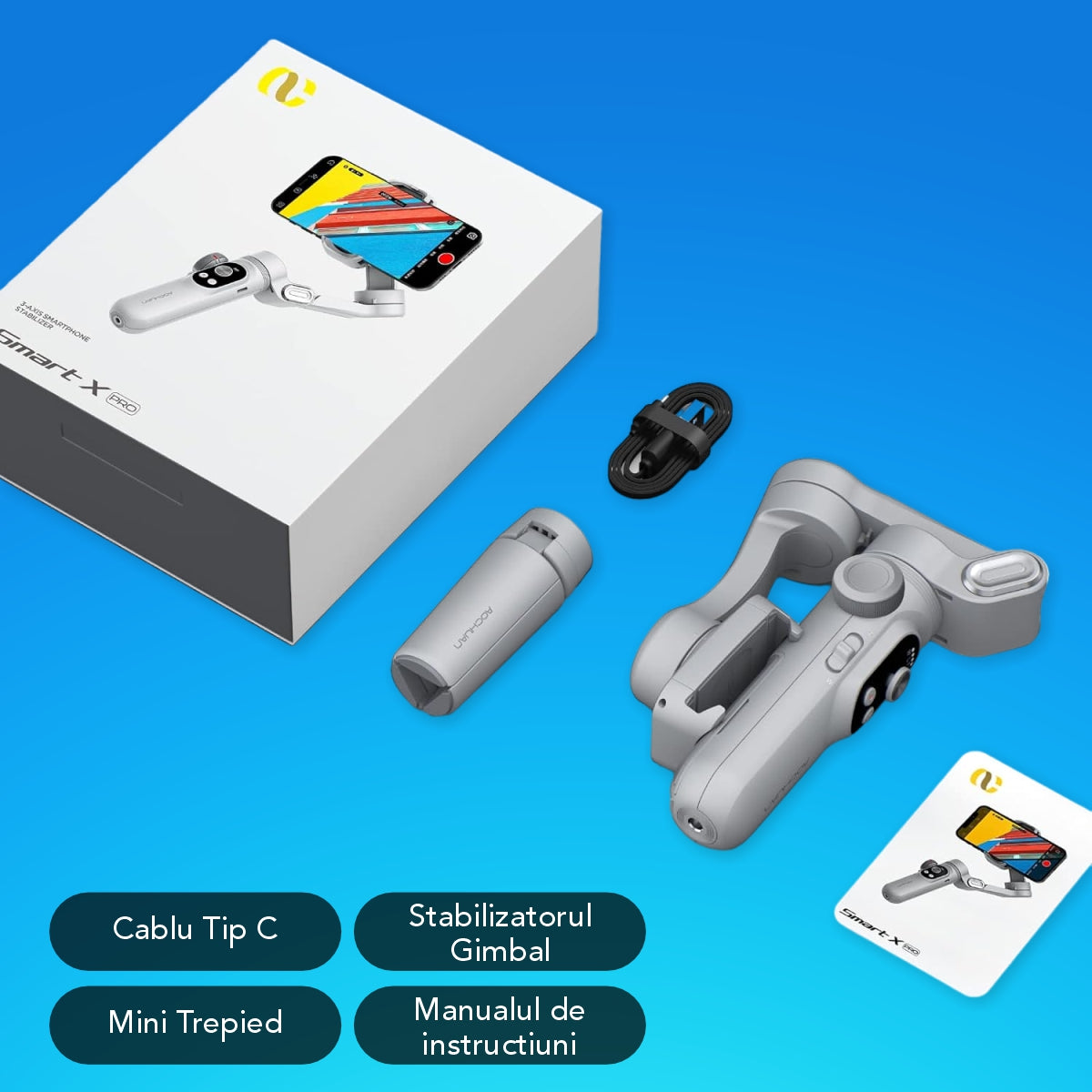 Gimbal Aochuan SMART X PRO, D6731, cu 3 axe, baterie Inclusa, aplicatie dedicata, Content Creator Edition, Gri Mat