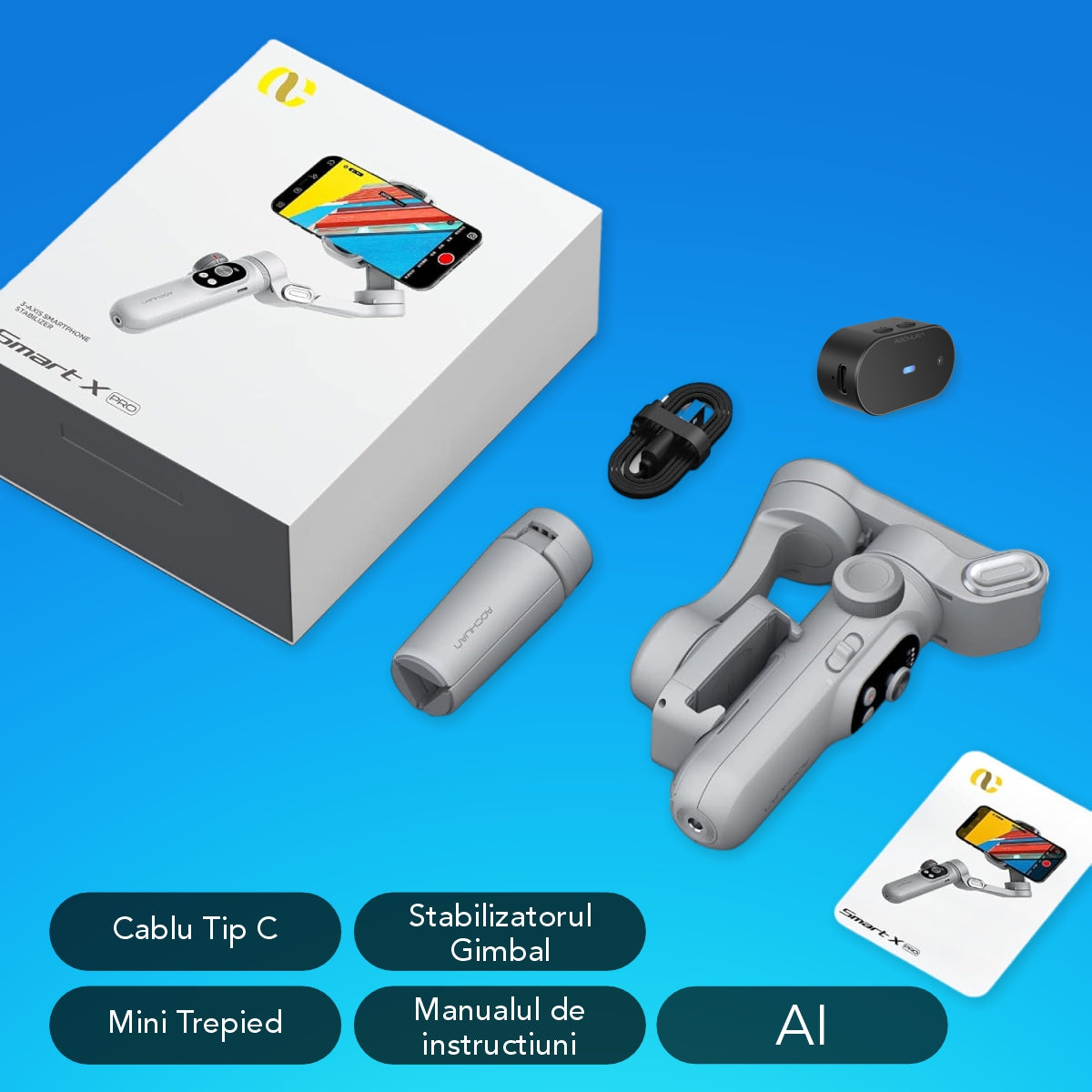 Gimbal Aochuan SMART X PRO-AI, D6732, cu 3 axe, baterie Inclusa, aplicatie dedicata, Content Creator Edition, Gri Mat