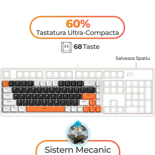 Tastatura Mecanica Gaming Timebox, 60%, Lumini LED, 68 taste, cu cablu Type-C, Blue Switch, Portabila, Portocaliu - 221.ro