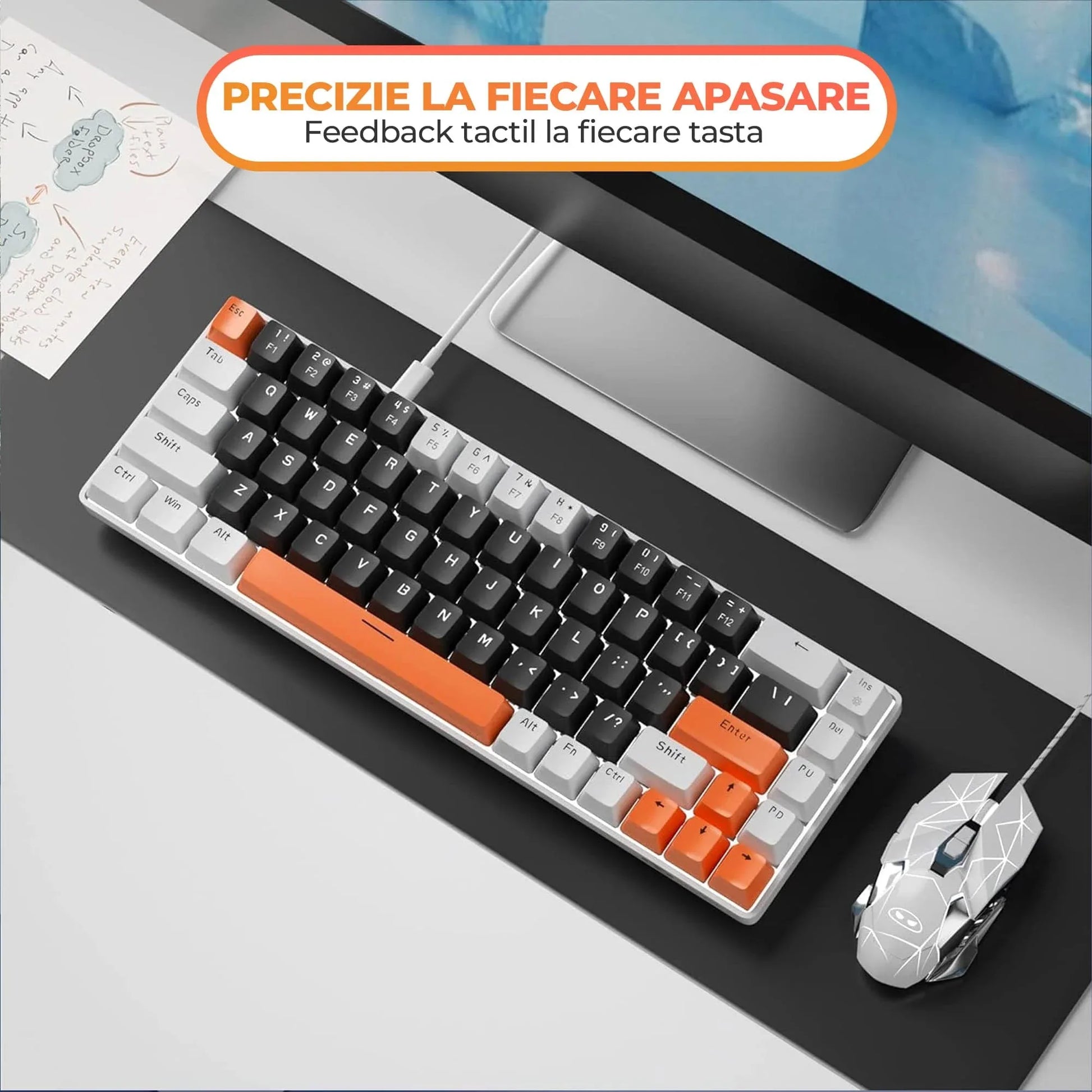 Tastatura Mecanica Gaming Timebox, 60%, Lumini LED, 68 taste, cu cablu Type-C, Blue Switch, Portabila, Portocaliu - 221.ro