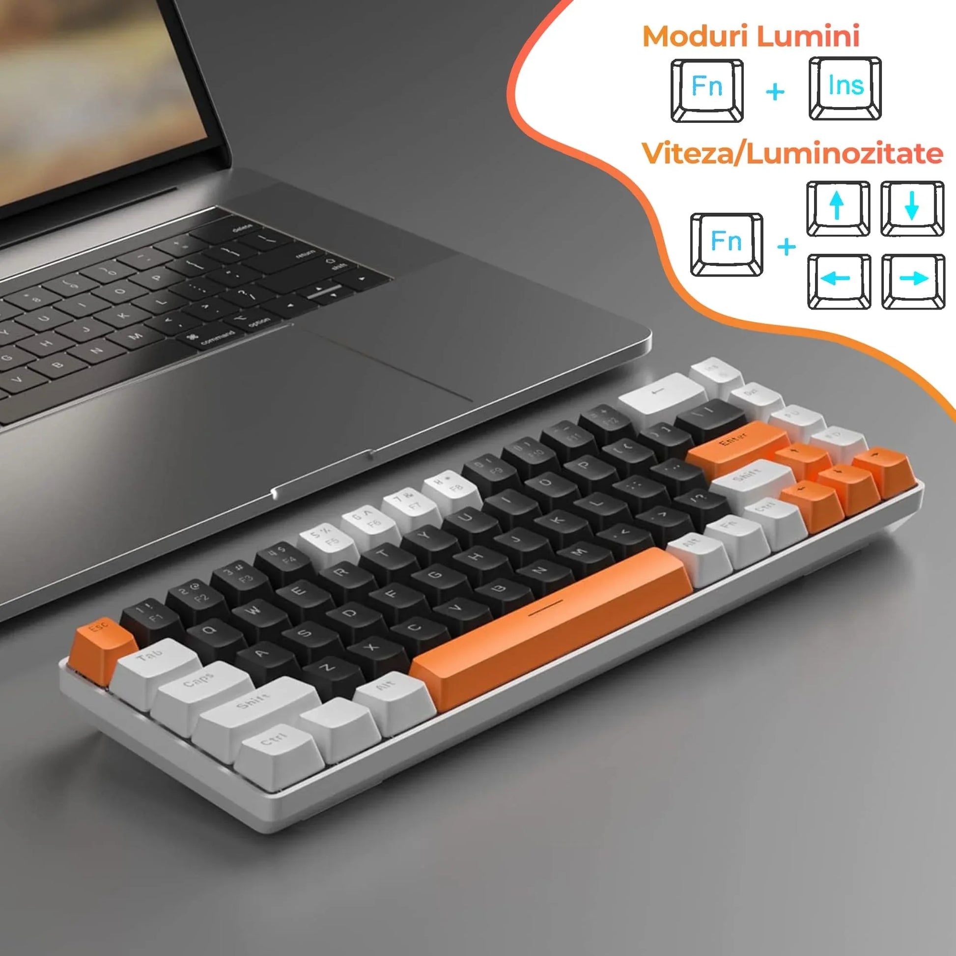 Tastatura Mecanica Gaming Timebox, 60%, Lumini LED, 68 taste, cu cablu Type-C, Blue Switch, Portabila, Portocaliu - 221.ro