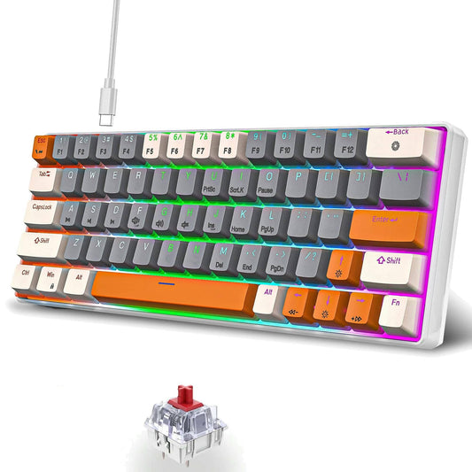 Tastatura Mecanica Gaming Timebox, 60%, iluminare LED, 63 taste, cu cablu Type-C, Red Switch, Portabila, Gri / Portocaliu - 221.ro