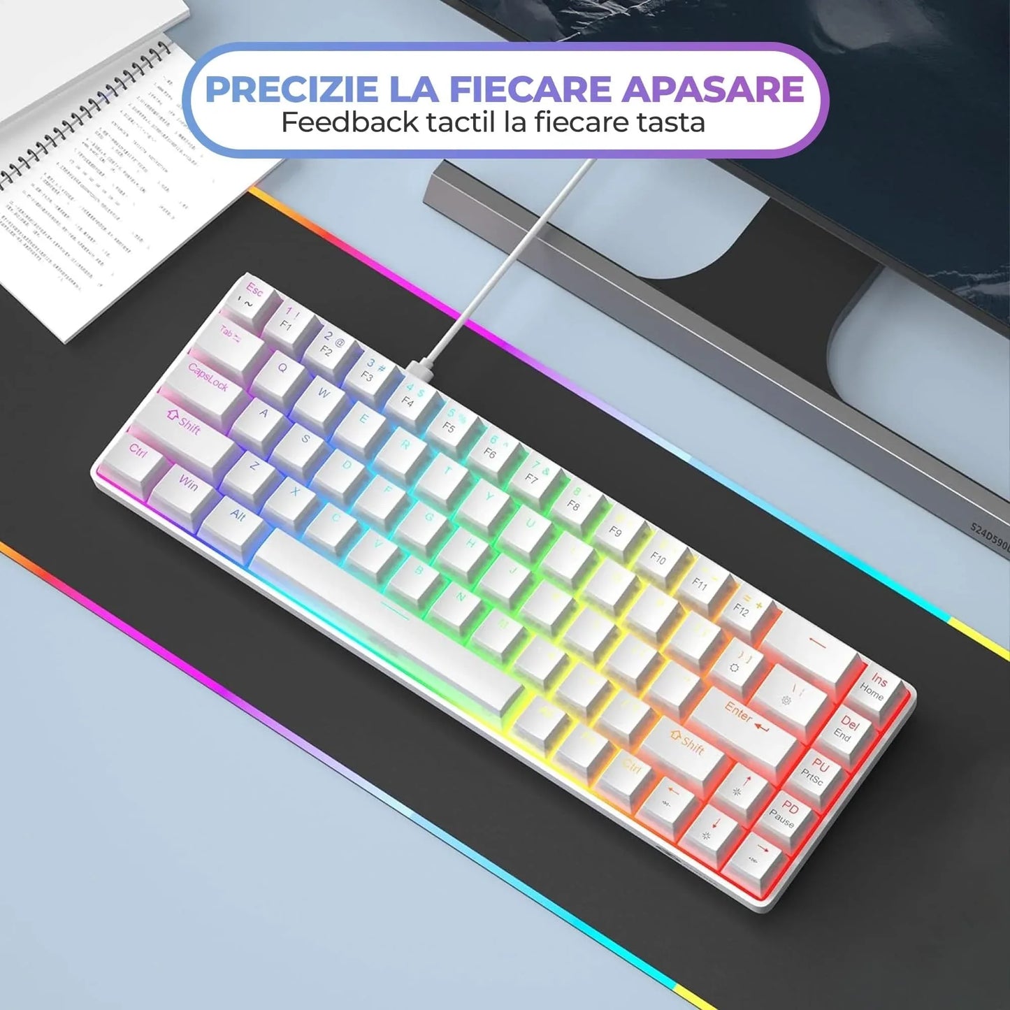 Tastatura Mecanica Gaming Timebox, Wireless, Layout 60%, Lumini LED, 68 taste PBT Pudding Keycaps, Bluetooth, 2,4G, cablu Type-C, Red Swtich, Portabila, Compaatibila Windows, Mac, Alb - 221.ro
