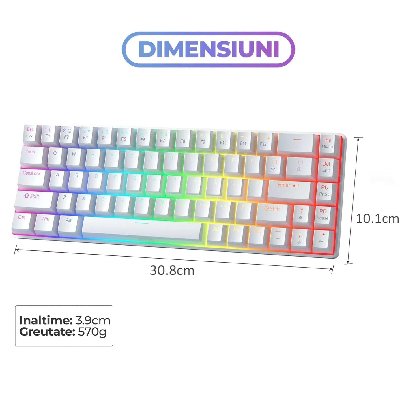 Tastatura Mecanica Gaming Timebox, Wireless, Layout 60%, Lumini LED, 68 taste PBT Pudding Keycaps, Bluetooth, 2,4G, cablu Type-C, Red Swtich, Portabila, Compaatibila Windows, Mac, Alb - 221.ro