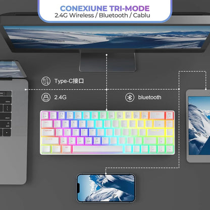 Tastatura Mecanica Gaming Timebox, Wireless, Layout 60%, Lumini LED, 68 taste PBT Pudding Keycaps, Bluetooth, 2,4G, cablu Type-C, Red Swtich, Portabila, Compaatibila Windows, Mac, Alb - 221.ro