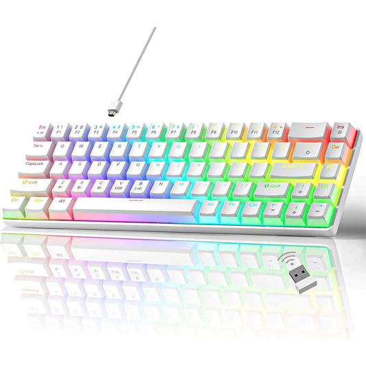 Tastatura Mecanica Gaming Timebox, Wireless, Layout 60%, Lumini LED, 68 taste PBT Pudding Keycaps, Bluetooth, 2,4G, cablu Type-C, Red Swtich, Portabila, Compaatibila Windows, Mac, Alb - 221.ro