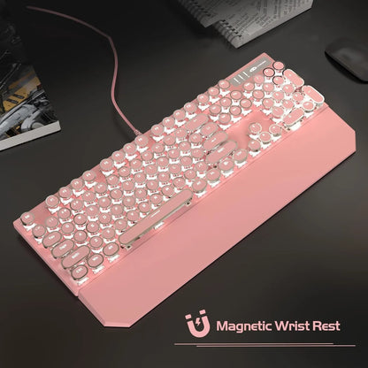 Tastatura Mecanica Gaming Timebox, iluminare LED, 104 taste low key, cu fir si Wrist Rest Magnetic Detasabil, Blue Switch, Design Ergonomic pentru birou, Windows, Mac, Roz - 221.ro