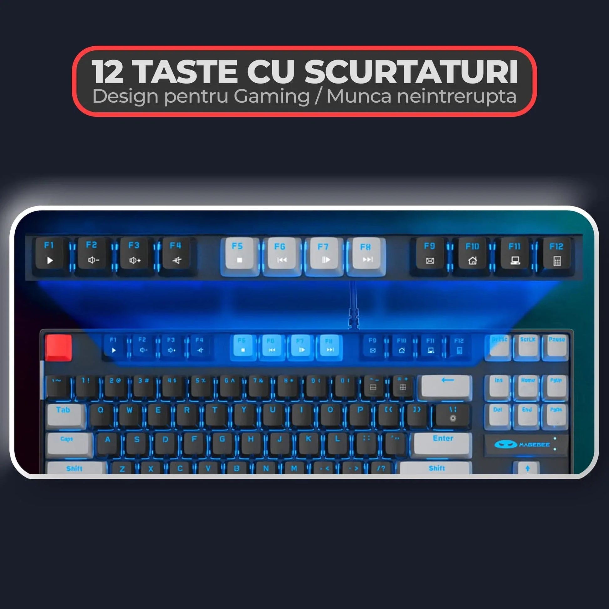 Tastatura Mecanica Gaming MageGee, 75%, iluminare LED, 87 taste TKL, cu fir, Red Switch, Negru / Gri - 221.ro