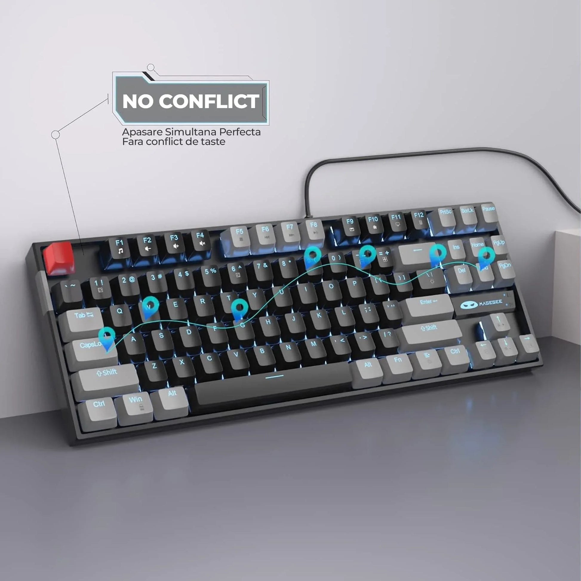 Tastatura Mecanica Gaming MageGee, 75%, iluminare LED, 87 taste TKL, cu fir, Red Switch, Negru / Gri - 221.ro