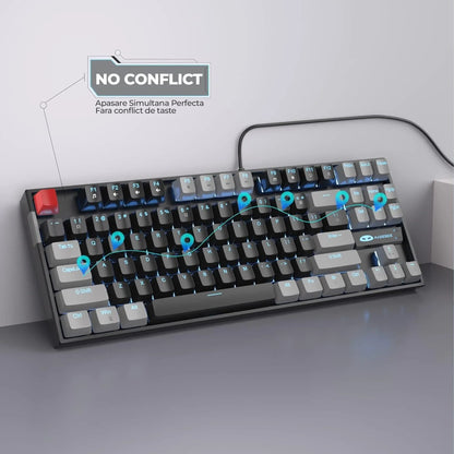 Tastatura Mecanica Gaming MageGee, 75%, iluminare LED, 87 taste TKL, cu fir, Red Switch, Negru / Gri - 221.ro