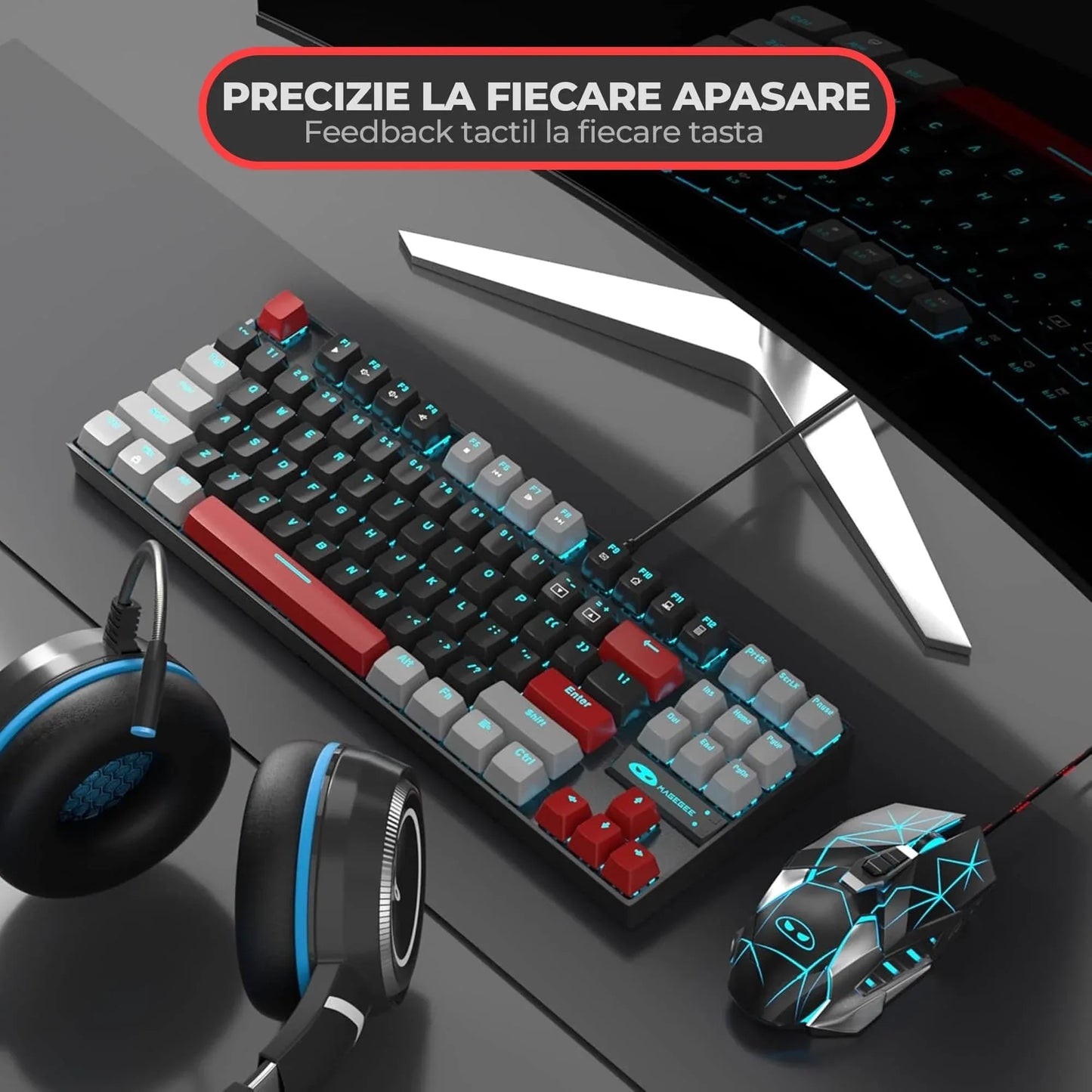 Tastatura Mecanica Gaming MageGee, 75%, iluminare LED, 87 taste TKL, cu fir, Red Switch, Negru / Gri - 221.ro