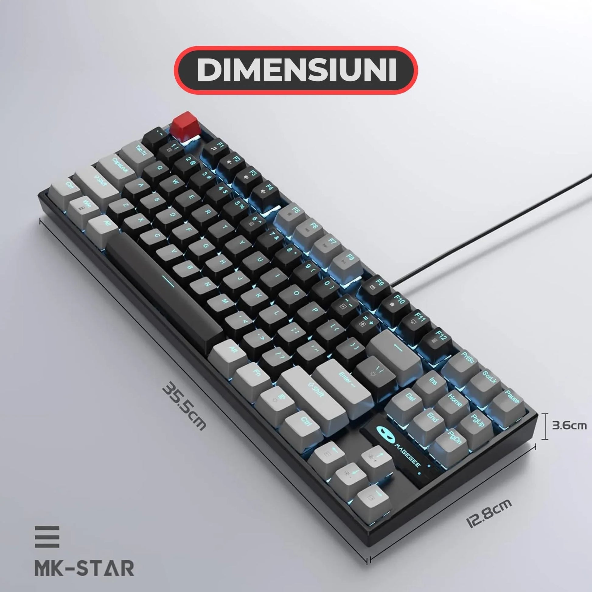 Tastatura Mecanica Gaming MageGee, 75%, iluminare LED, 87 taste TKL, cu fir, Red Switch, Negru / Gri - 221.ro