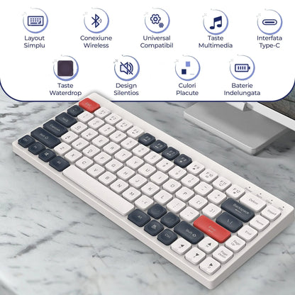 Tastatura Slim Low-Profile Timebox, Wireless, 2,4Ghz, Bluetooth, 84 taste subtiri, cablu Type-C, USB Reciver, Compatibil Windows, Telefon, Tableta, Alb Albastru - 221.ro