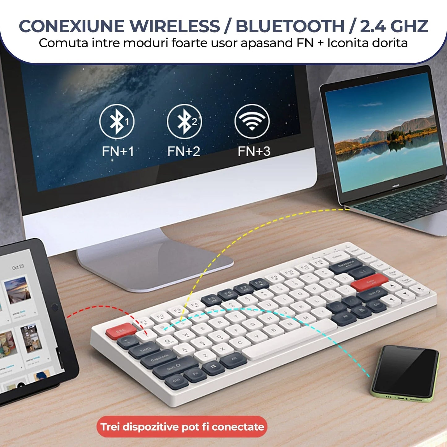 Tastatura Slim Low-Profile Timebox, Wireless, 2,4Ghz, Bluetooth, 84 taste subtiri, cablu Type-C, USB Reciver, Compatibil Windows, Telefon, Tableta, Alb Albastru - 221.ro