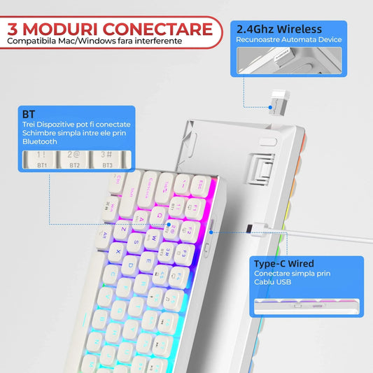 Tastatura Mecanica Gaming Timebox,Wireless, 2,4G, Bluetooth, iluminare RGB, 84 taste Ultra-Slim , cu cablu Type-C, Brown Switch, Baza metalica, Compatibil Windows, Mac, Alb - 221.ro
