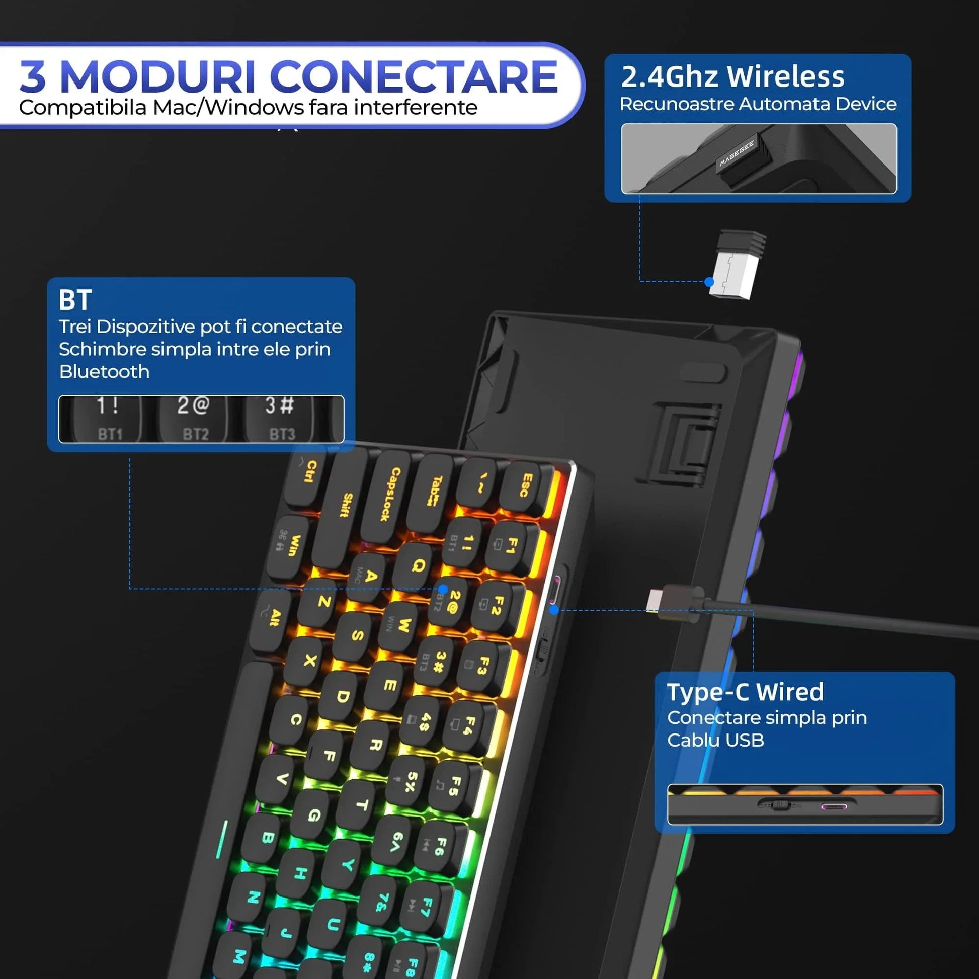 Tastatura Mecanica Gaming Timebox,Wireless, 2,4G, Bluetooth, iluminare RGB, 84 taste Ultra-Slim , cu cablu Type-C, Brown Switch, Baza metalica, Compatibil Windows, Mac, Negru - 221.ro