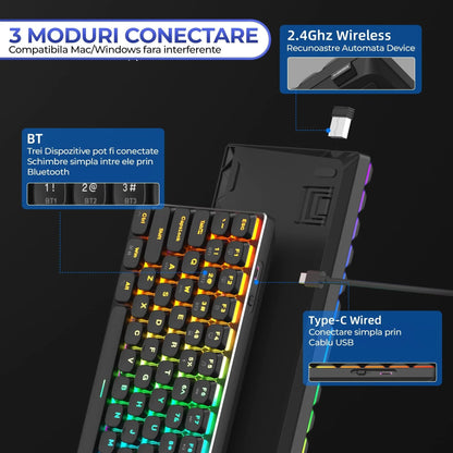 Tastatura Mecanica Gaming Timebox,Wireless, 2,4G, Bluetooth, iluminare RGB, 84 taste Ultra-Slim , cu cablu Type-C, Brown Switch, Baza metalica, Compatibil Windows, Mac, Negru - 221.ro