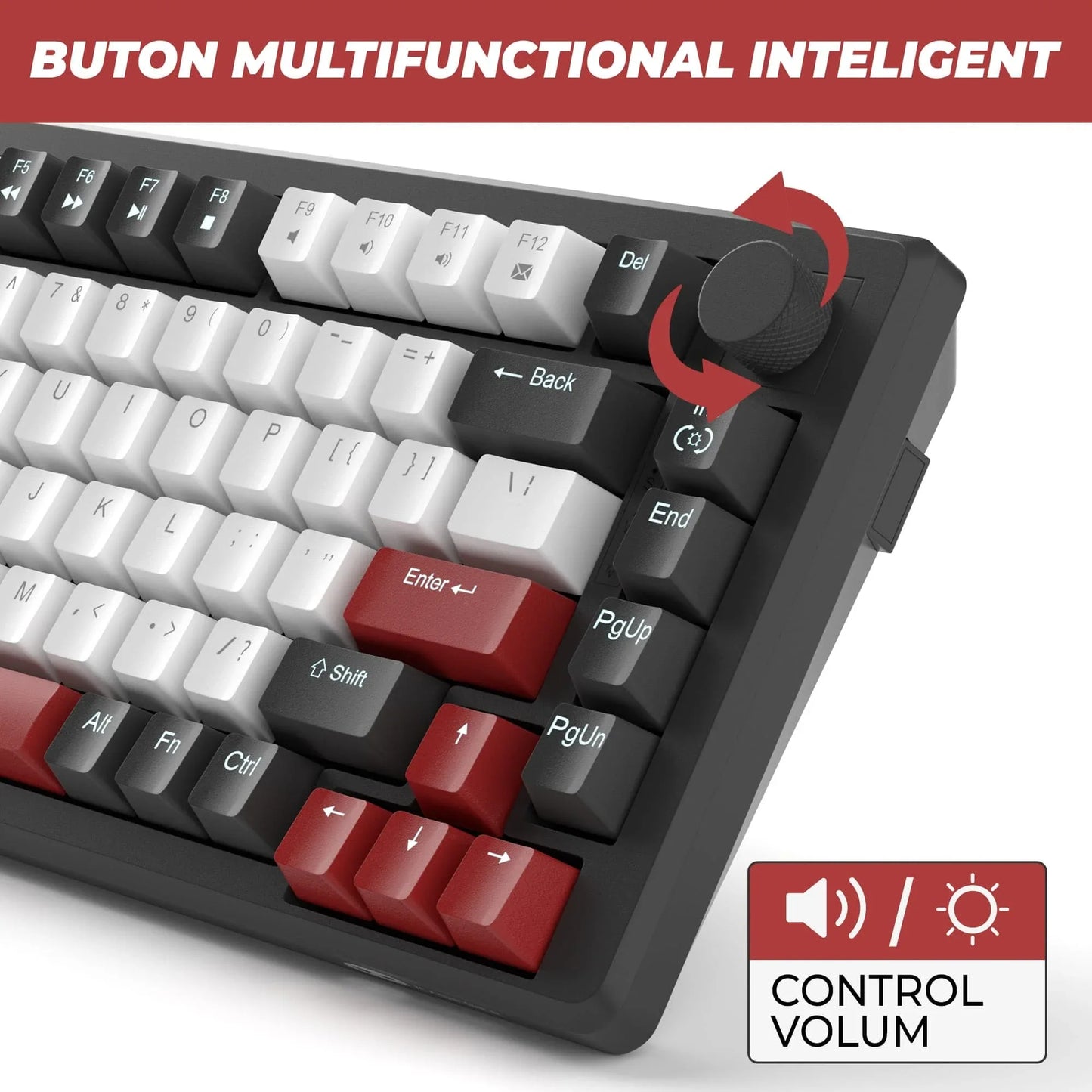 Tastatura Mecanica Gaming Timebox, 75%, Lumini LED, 83 taste, Control Rotativ Volum, cu cablu Type-C, Red Switch, Portabila, Negru - 221.ro