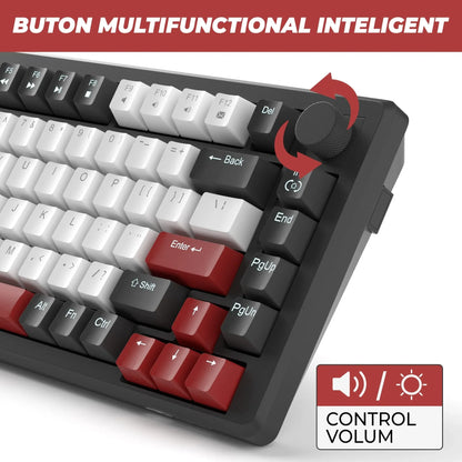 Tastatura Mecanica Gaming Timebox, 75%, Lumini LED, 83 taste, Control Rotativ Volum, cu cablu Type-C, Red Switch, Portabila, Negru - 221.ro
