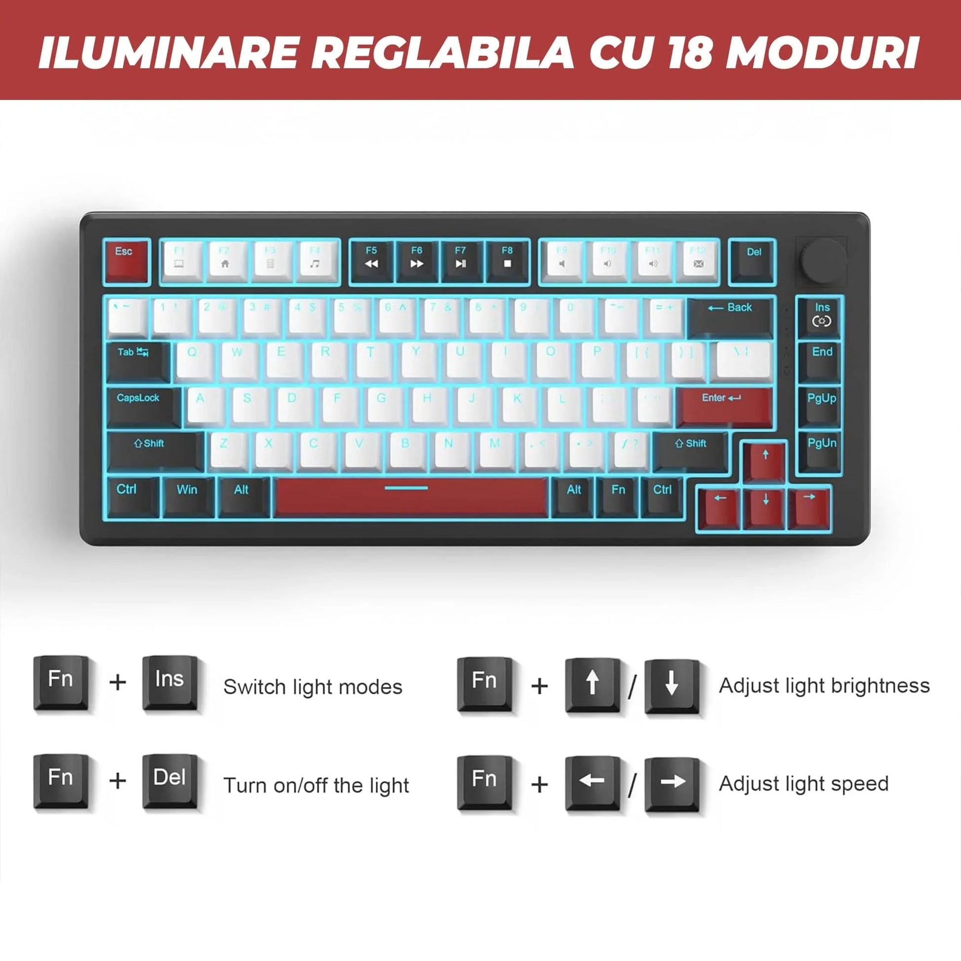 Tastatura Mecanica Gaming Timebox, 75%, Lumini LED, 83 taste, Control Rotativ Volum, cu cablu Type-C, Red Switch, Portabila, Negru - 221.ro