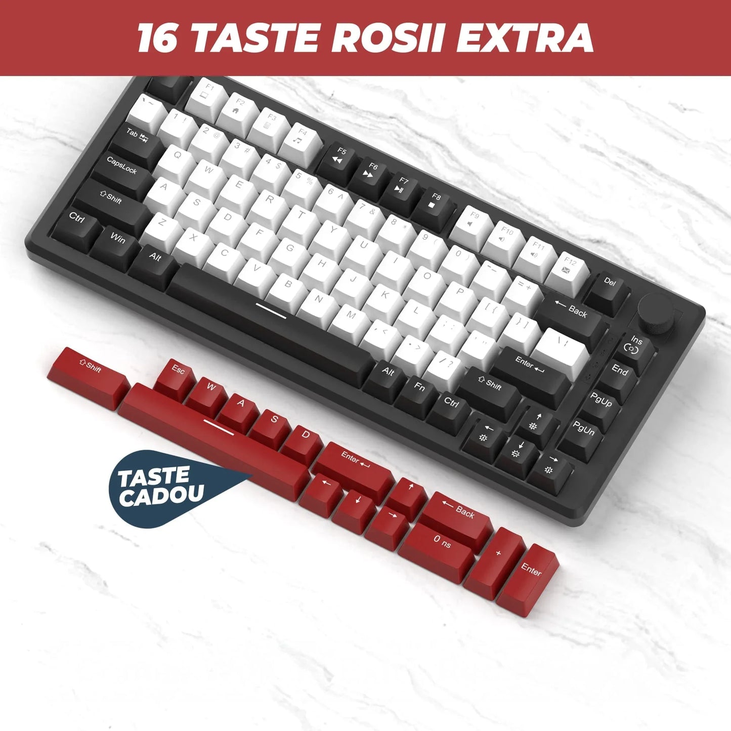 Tastatura Mecanica Gaming Timebox, 75%, Lumini LED, 83 taste, Control Rotativ Volum, cu cablu Type-C, Red Switch, Portabila, Negru - 221.ro