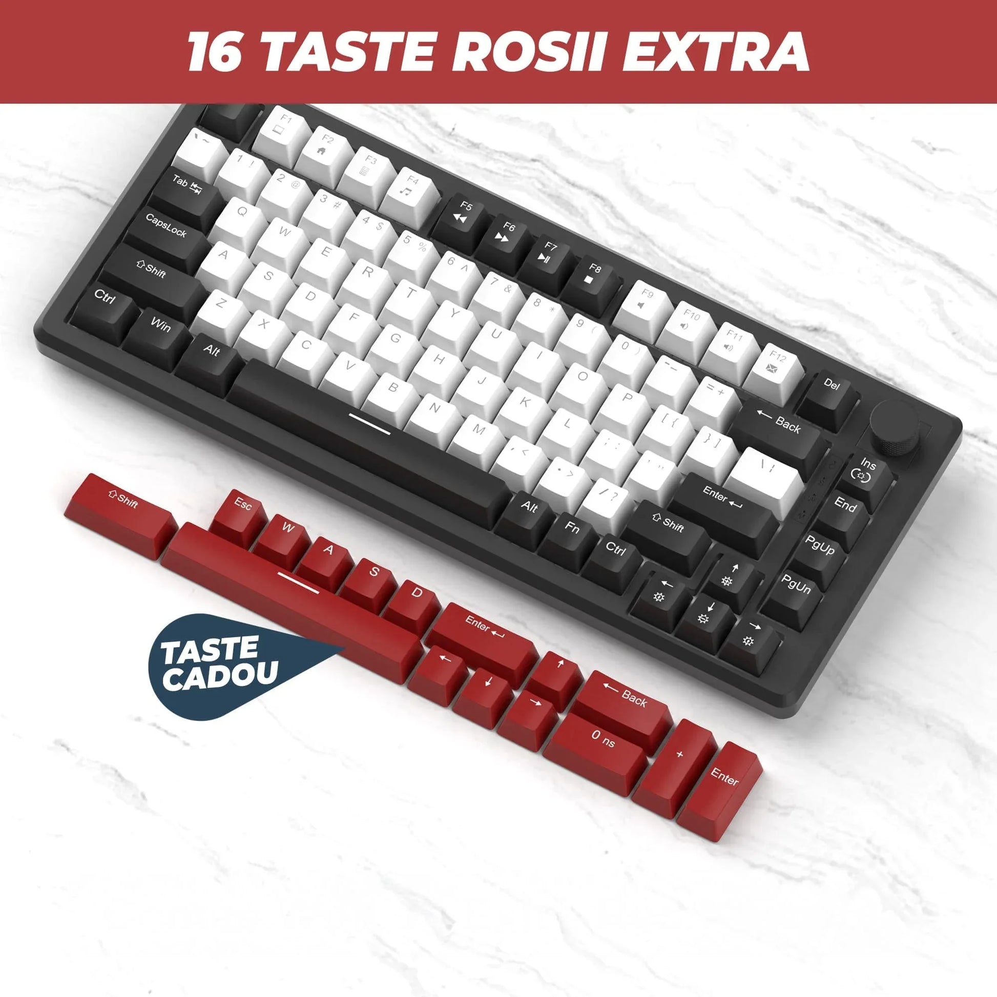 Tastatura Mecanica Gaming Timebox, 75%, Lumini LED, 83 taste, Control Rotativ Volum, cu cablu Type-C, Red Switch, Portabila, Negru - 221.ro