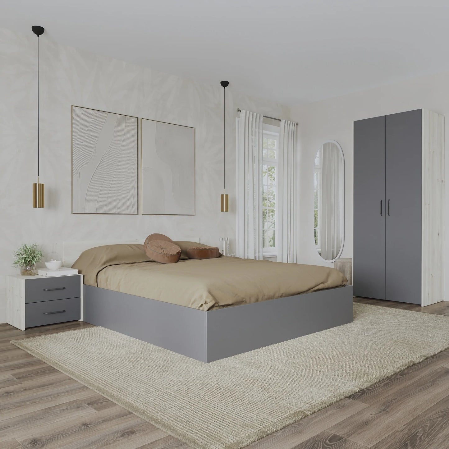 Set dormitor haaus Malmo V16, Pat 200 x 140 cm, Stejar Alb/Antracit