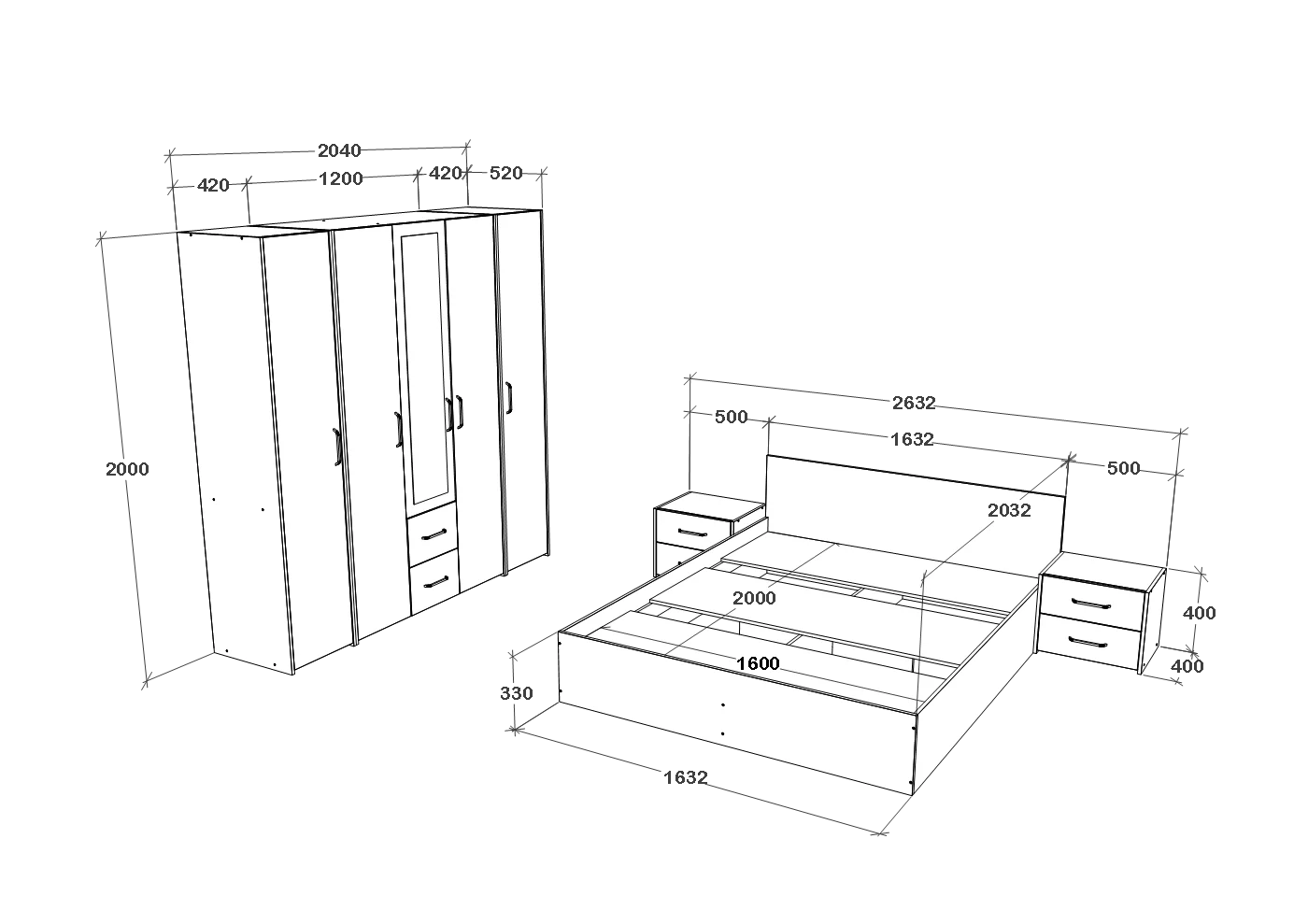 Set dormitor haaus Malmo V10, Pat 200 x 160 cm, Stejar Alb/Antracit