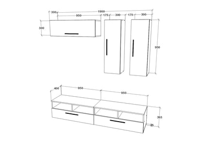 Living Kos haaus V10, Negru/Alb Lucios, MDF, L 190 cm