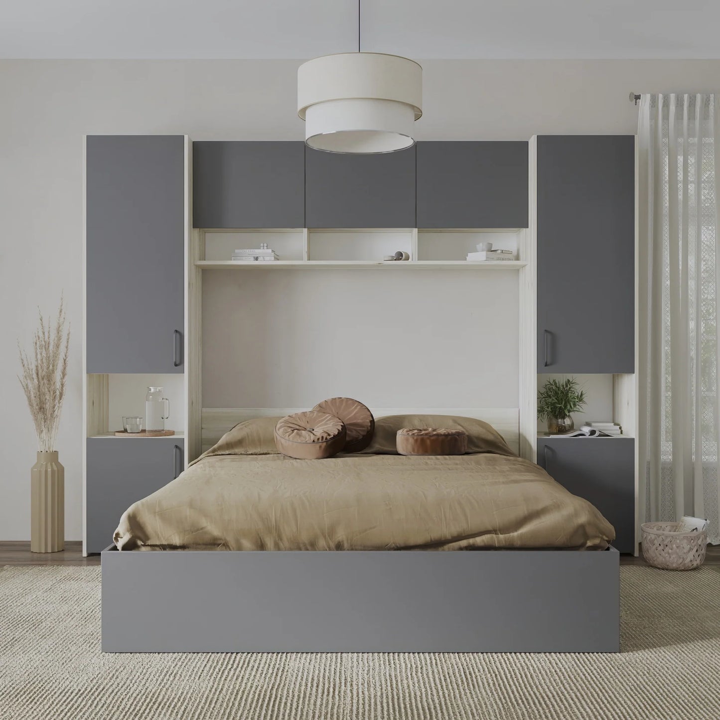 Set dormitor haaus Malmo V11, Pat 200 x 140 cm, Stejar Alb/Antracit