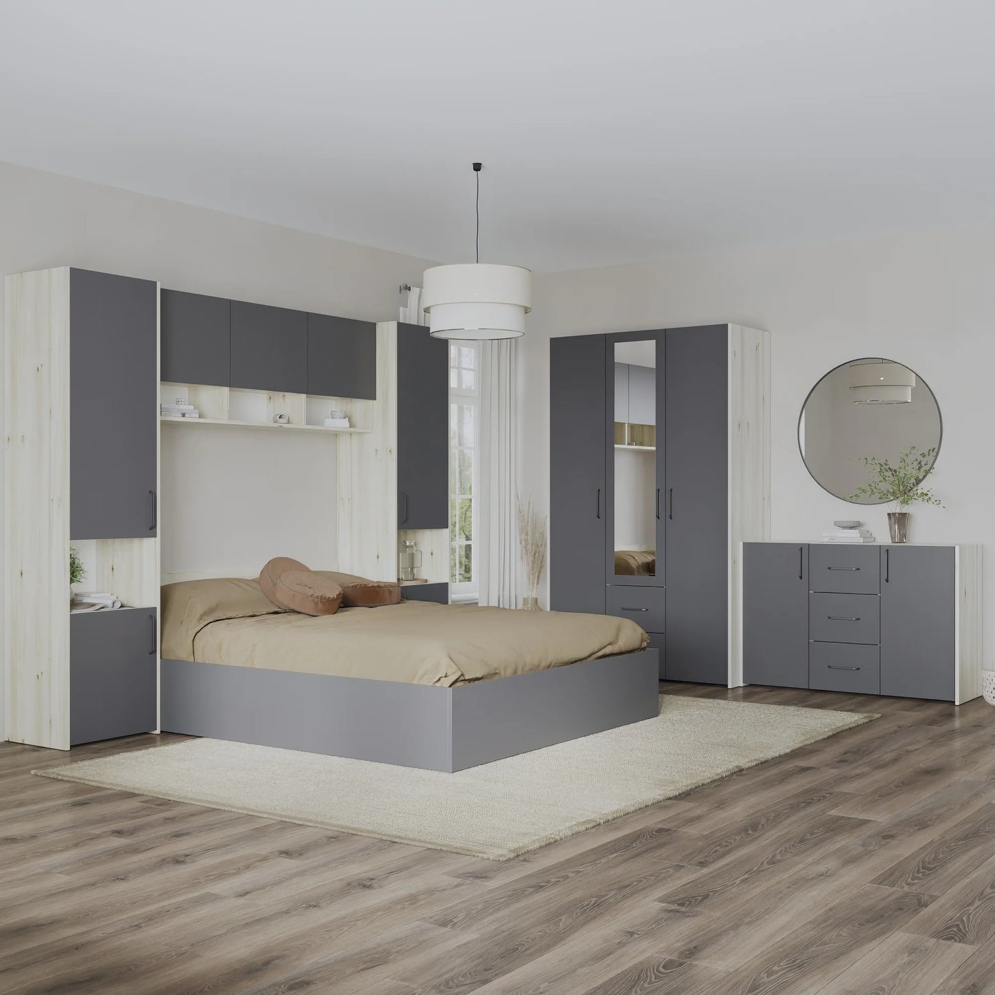 Set dormitor haaus Malmo V12, Pat 200 x 140 cm, Stejar Alb/Antracit