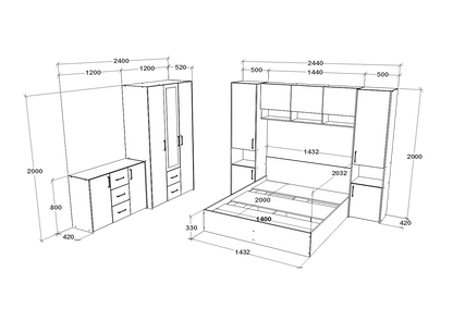 Set dormitor haaus Malmo V12, Pat 200 x 140 cm, Stejar Alb/Antracit