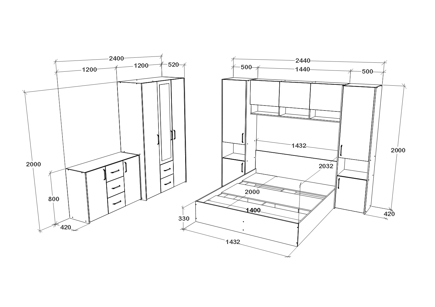 Set dormitor haaus Malmo V12, Pat 200 x 140 cm, Stejar Artisan/Argila