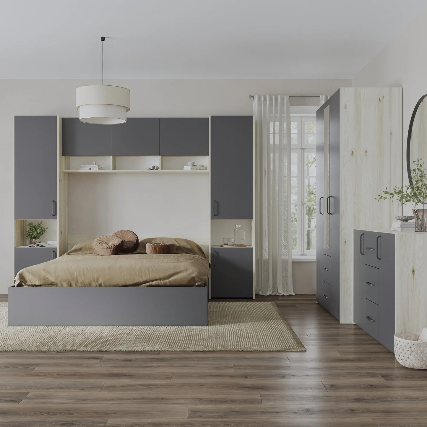 Set dormitor haaus Malmo V12, Pat 200 x 160 cm, Stejar Alb/Antracit