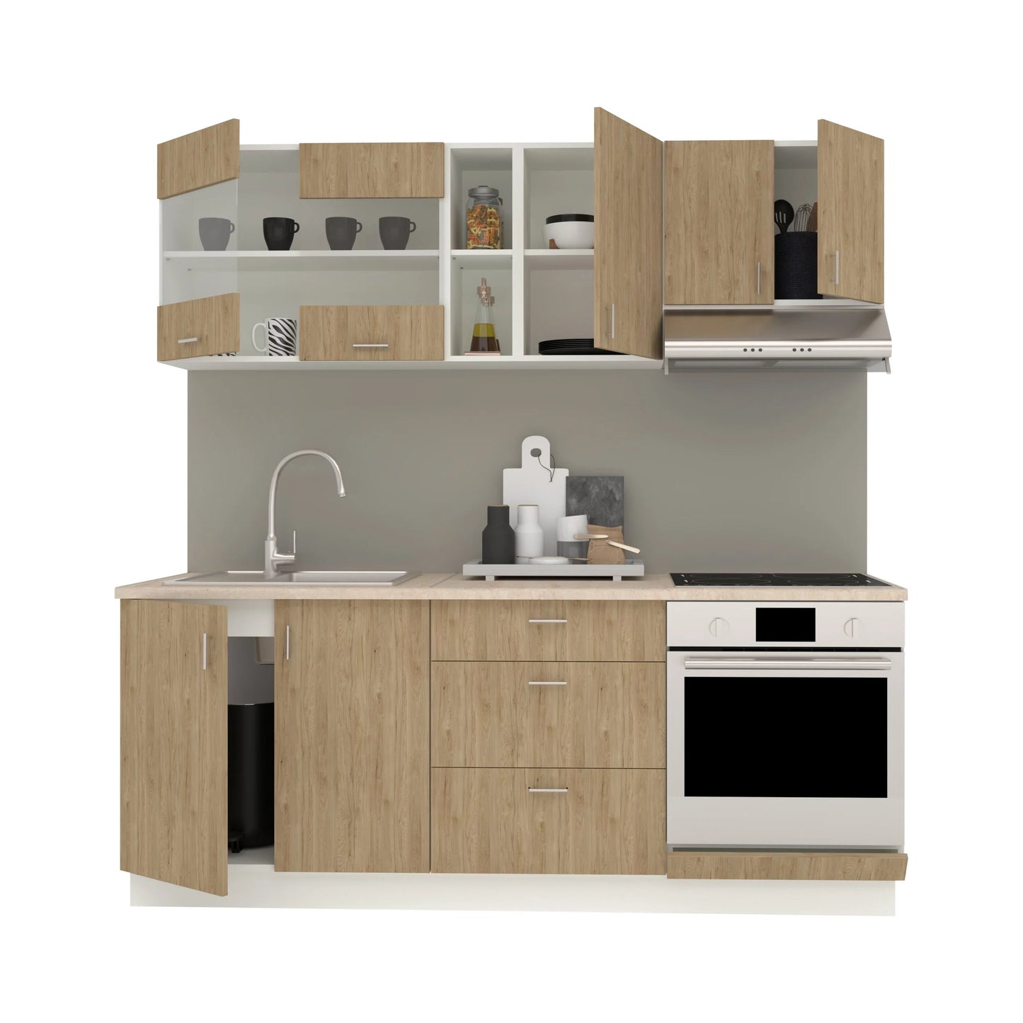 Set Bucatarie haaus Karo V12, Lemn Natural/Alb, Blat Thermo 28 mm, L 200 cm
