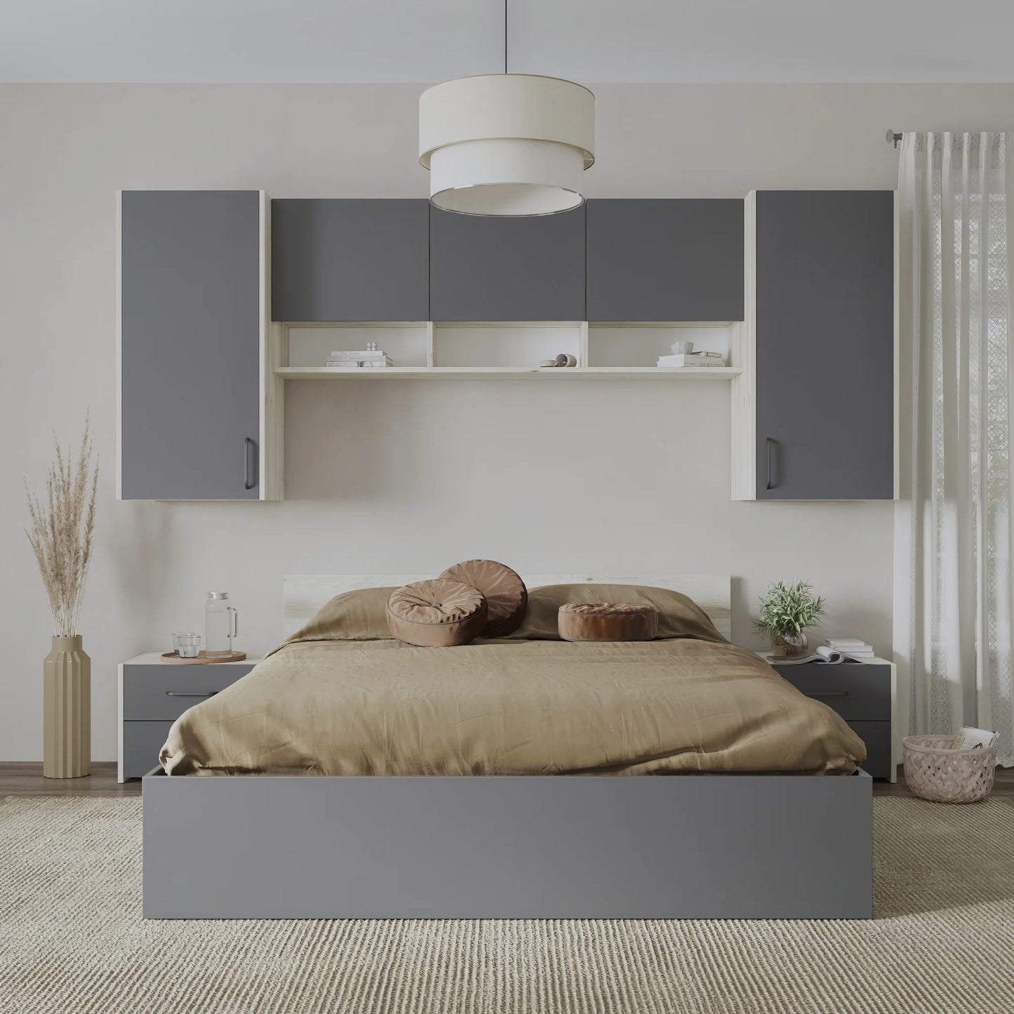 Set dormitor haaus Malmo V13, Pat 200 x 140 cm, Stejar Alb/Antracit