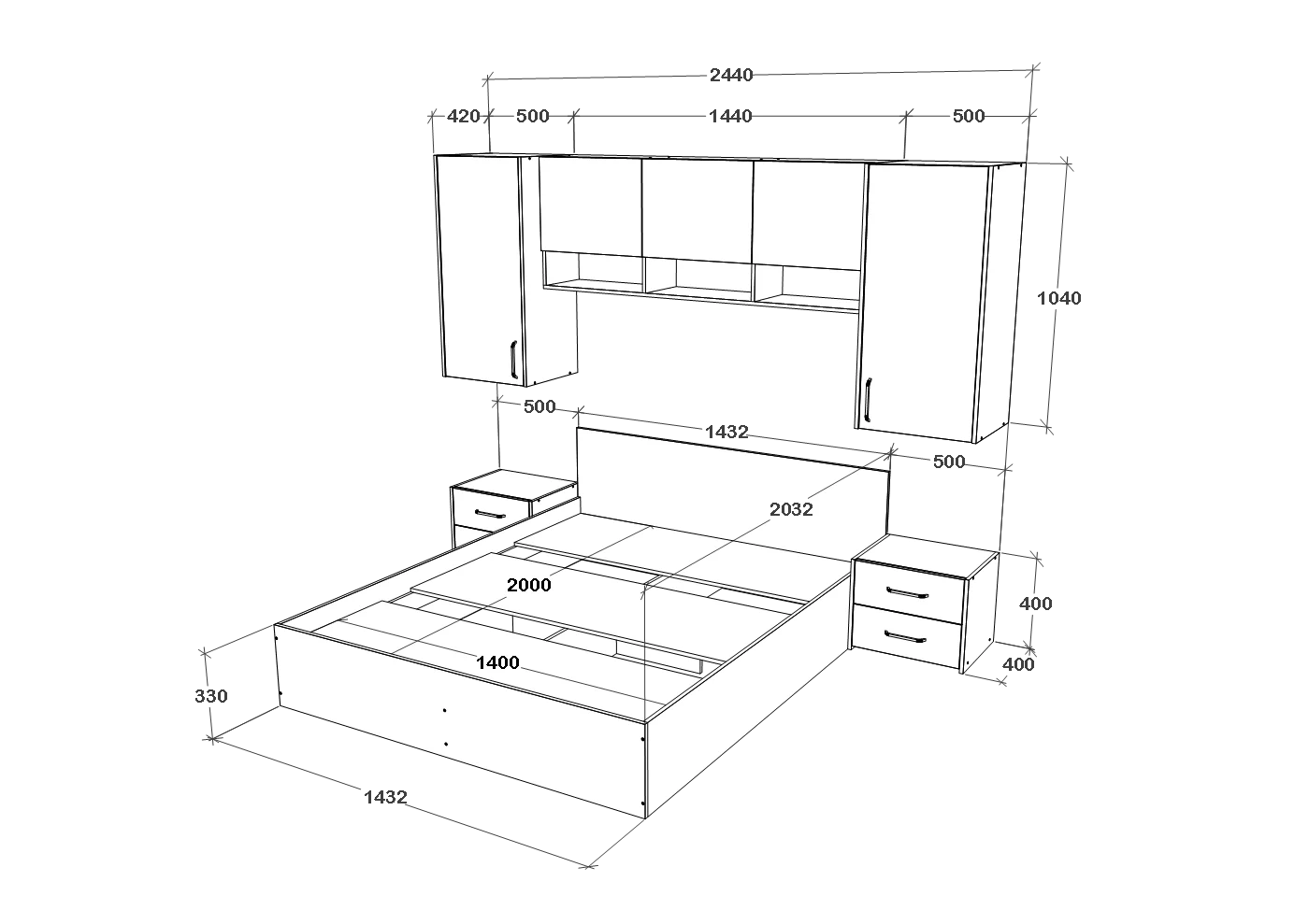 Set dormitor haaus Malmo V13, Pat 200 x 140 cm, Stejar Alb/Antracit