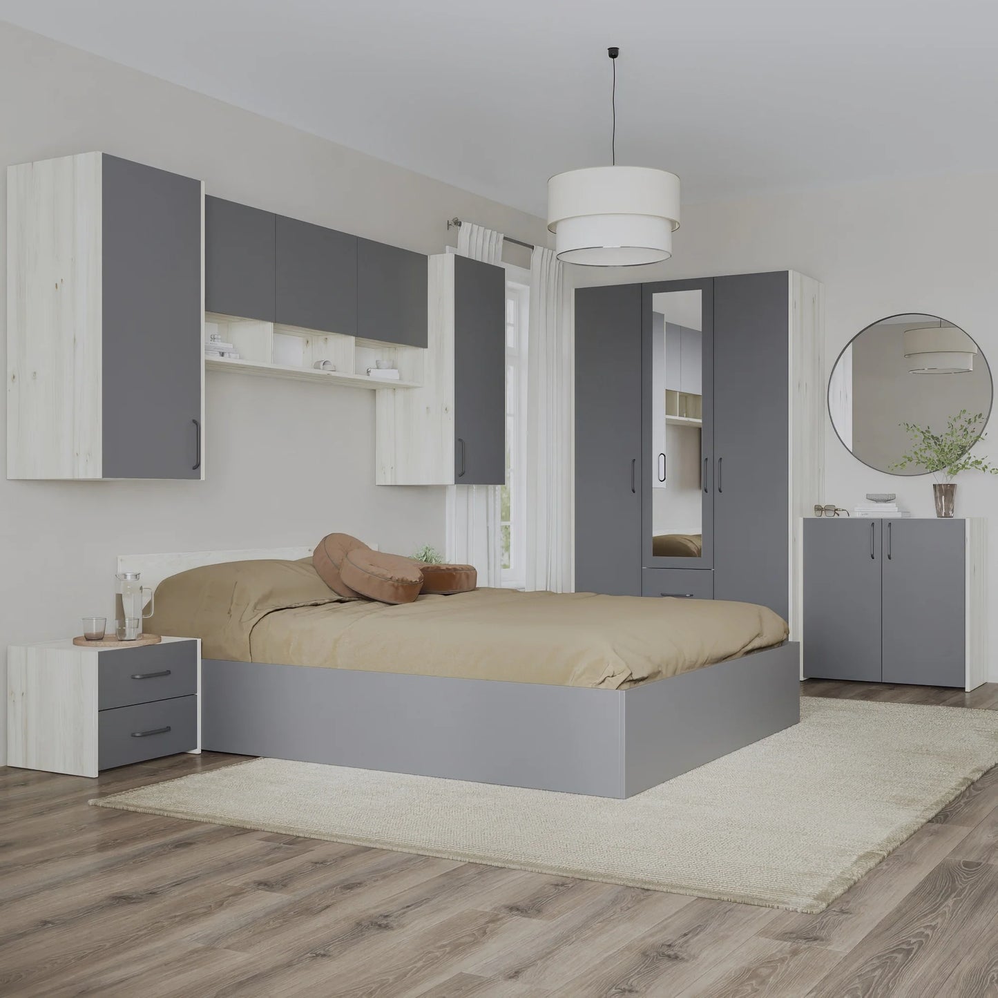 Set dormitor haaus Malmo V14, Pat 200 x 140 cm, Stejar Alb/Antracit