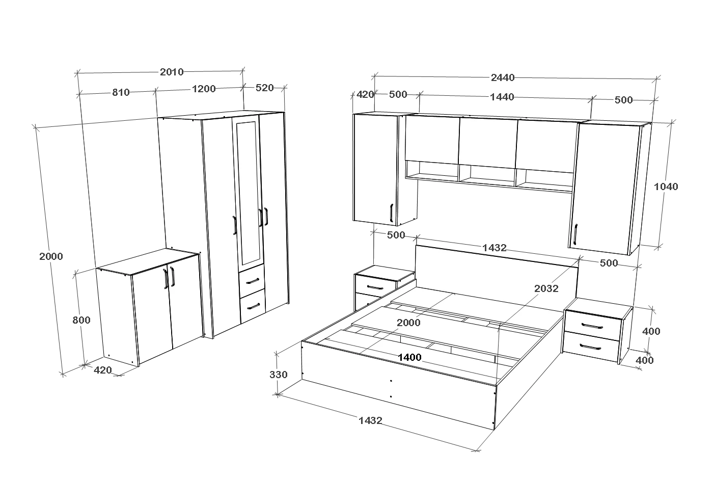 Set dormitor haaus Malmo V14, Pat 200 x 140 cm, Stejar Alb/Antracit