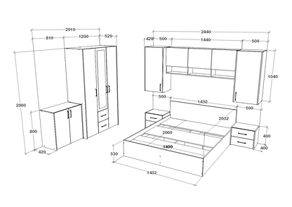 Set dormitor haaus Malmo V14, Pat 200 x 140 cm, Stejar Alb/Antracit