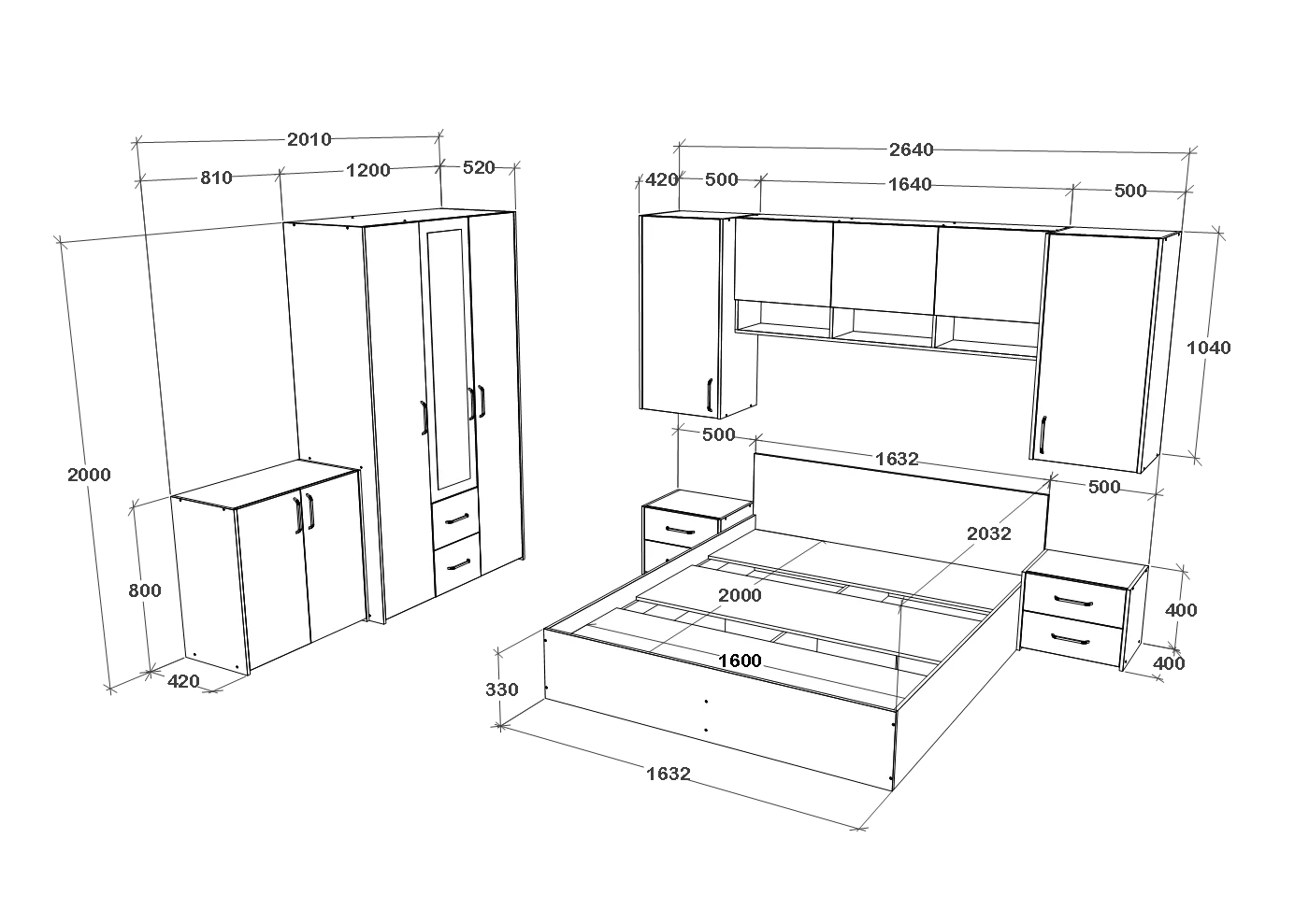 Set dormitor haaus Malmo V14, Pat 200 x 140 cm, Stejar Artisan/Argila