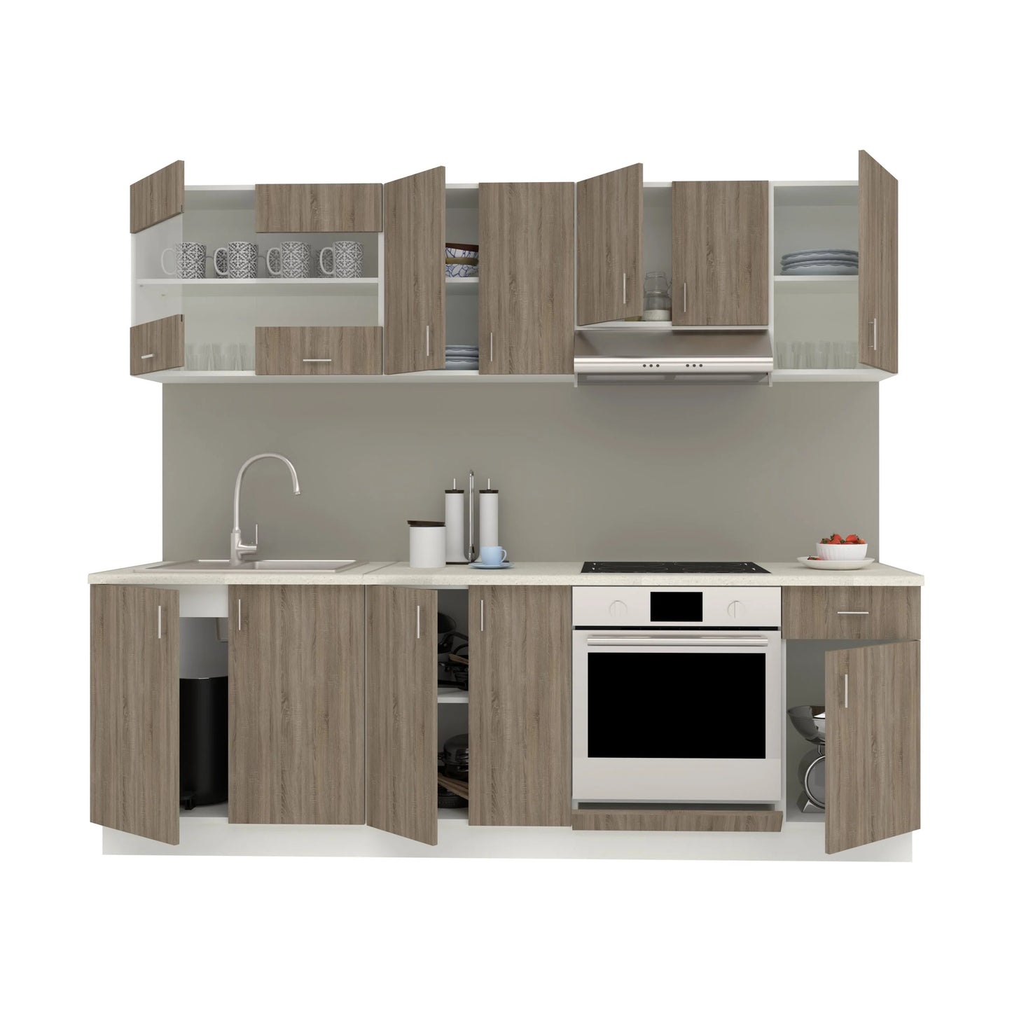Set Bucatarie haaus Karo V15, Stejar Sonoma Inchis/Alb, Blat Thermo 28 mm, L 240 cm