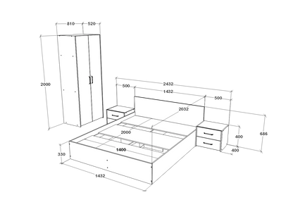 Set dormitor haaus Malmo V16, Pat 200 x 140 cm, Stejar Alb/Antracit