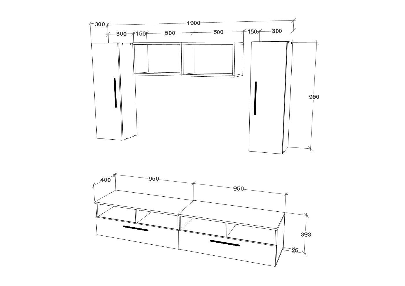 Living Kos haaus V16, Negru/Alb Lucios, MDF, L 190 cm