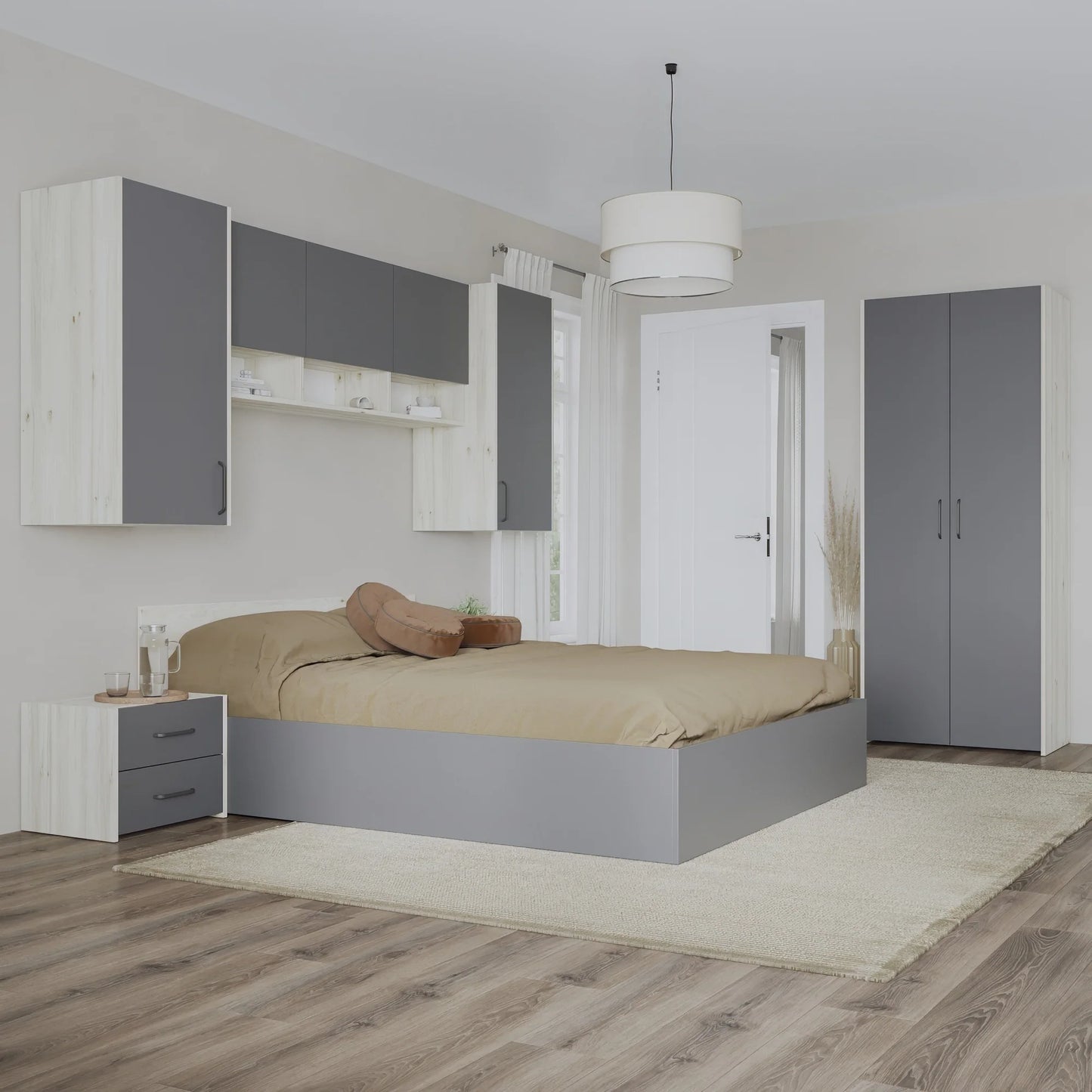 Set dormitor haaus Malmo V17, Pat 200 x 140 cm, Stejar Alb/Antracit