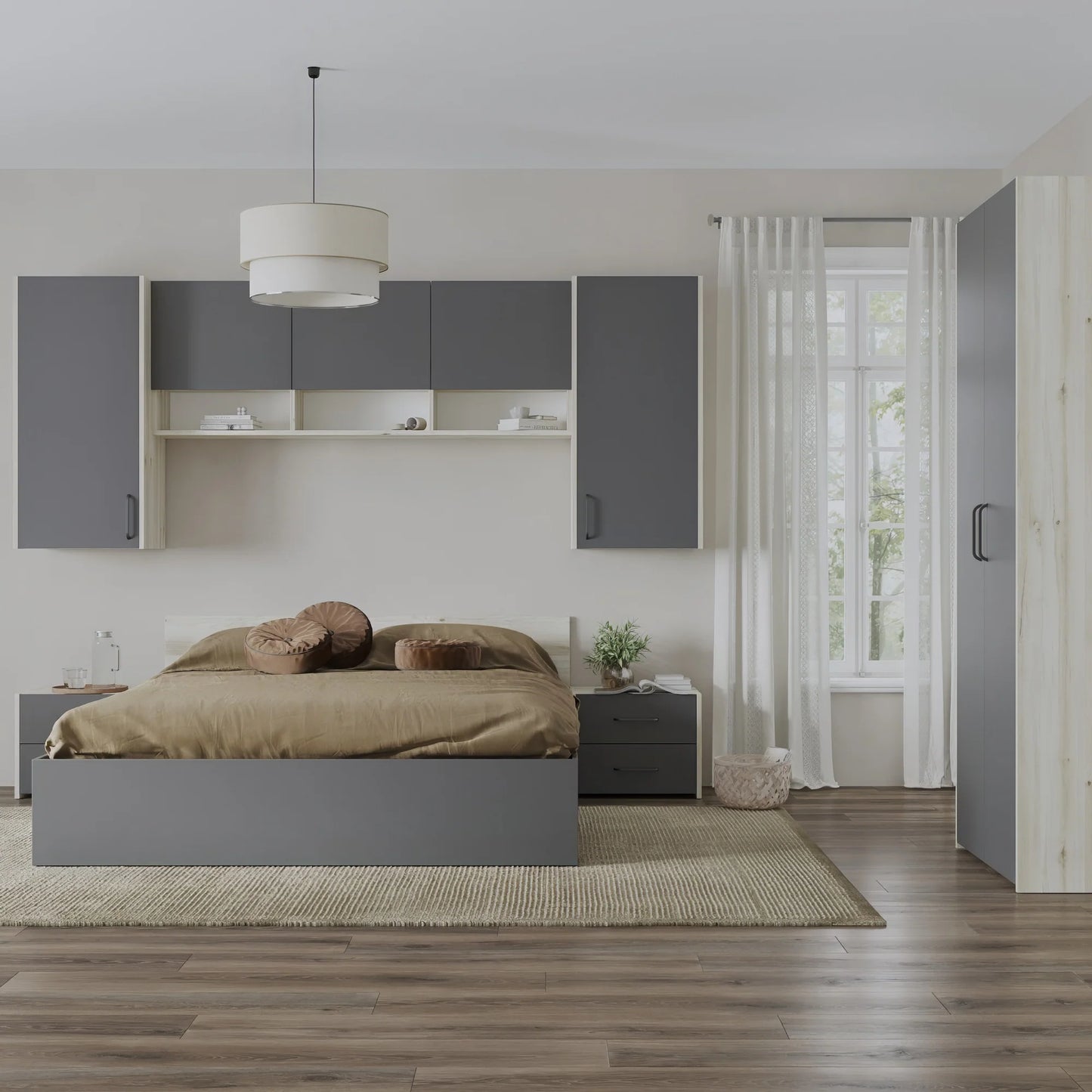 Set dormitor haaus Malmo V17, Pat 200 x 140 cm, Stejar Alb/Antracit