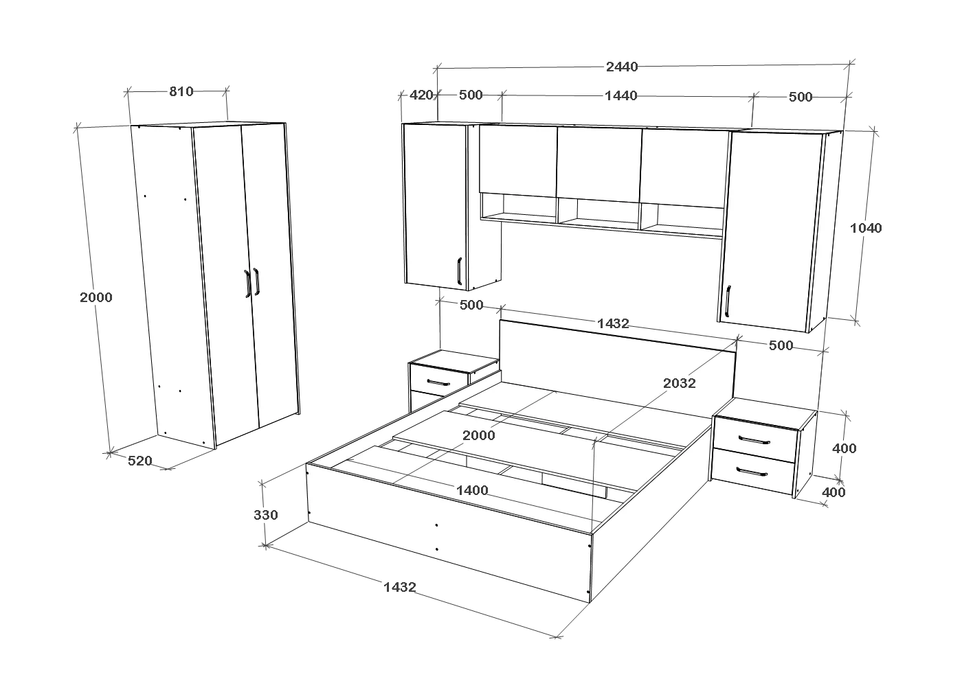 Set dormitor haaus Malmo V17, Pat 200 x 140 cm, Stejar Alb/Antracit